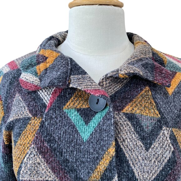 Damee Peplum Button Sweater Jacket Sz S Flare Sleeve Geometric Artsy Lagenlook - Picture 2 of 13